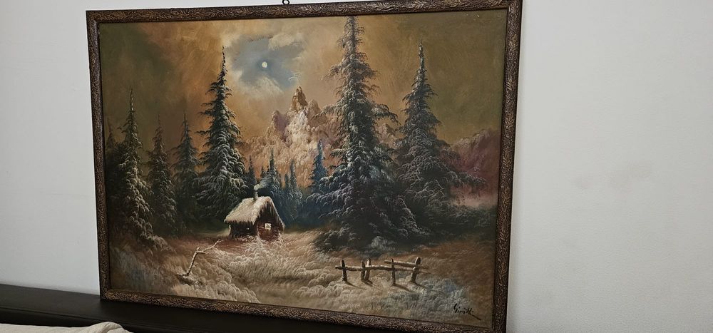 Tablou peisaj de iarnă – pictură semnată, cadru vintage