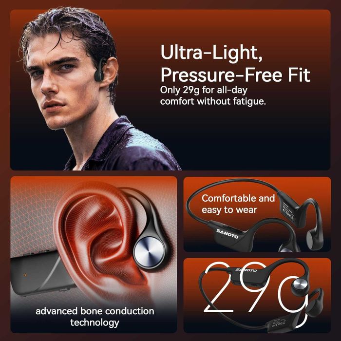 SANOTO DG06 спортни слушалки  (Open-Ear), Bluetooth 5.3, IPX5 – черни