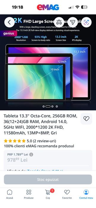 Tabletă nouă, 256 GB, Android 14,