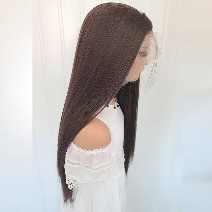 Тъмно кафява Lace Front перука 13x4 - права коса 77 см, с изрязана дантела, готова за поставяне