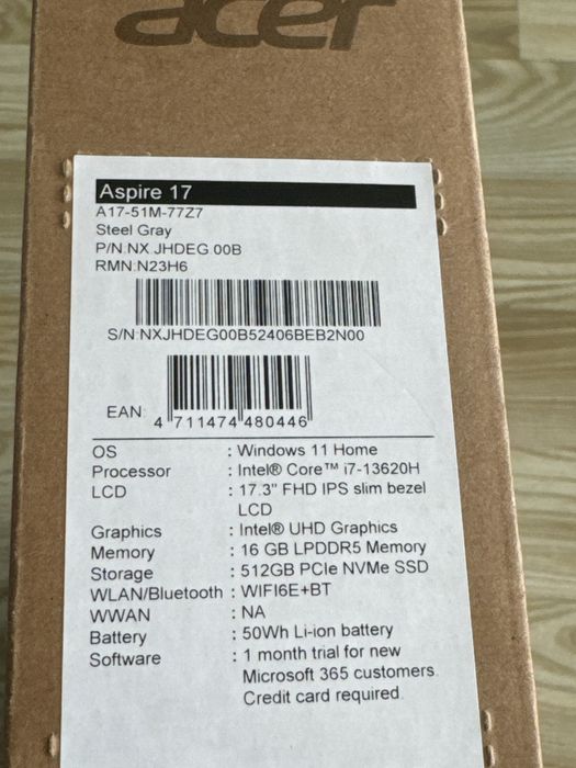 Laptop Aspire 17 • NOU • Sigilat • i7 • 512 GB • 16 GB RAM