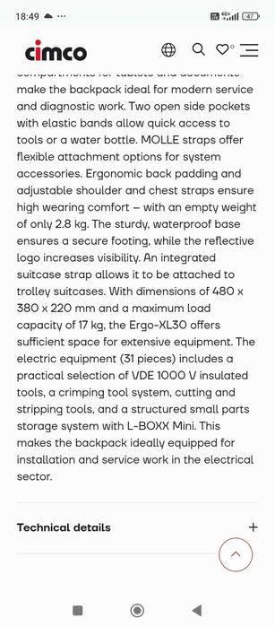 Раница за електричари Cimco ergo XL 30