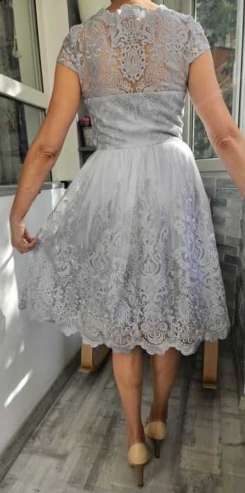 Rochie A-Line, Gri,Dantela,Lungime medie, mâneca scurta,cu sutien/cupe
