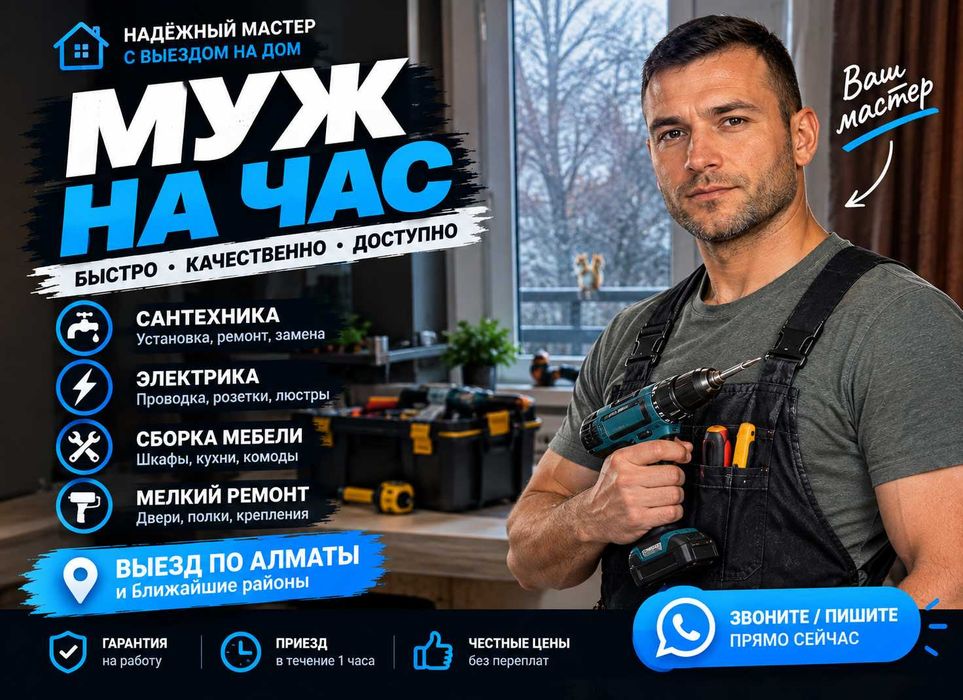 Муж на час Мастер универсал : Мебельщик Электрик Сантехник Алматы