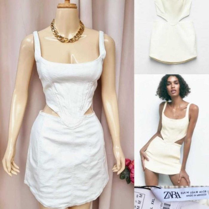 Zara rochie scurta denim alb cut out decupata corset moderna