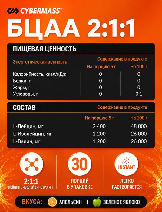Аминокислоты BCAA 2:1:1 Апельсин | Зеленое яблоко, 150 г (30 порций)