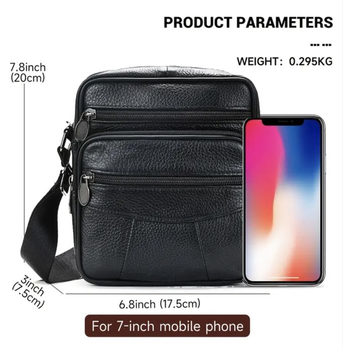 Мъжка универсална кожена чанта/Практична и удобна с черна естест. кожа