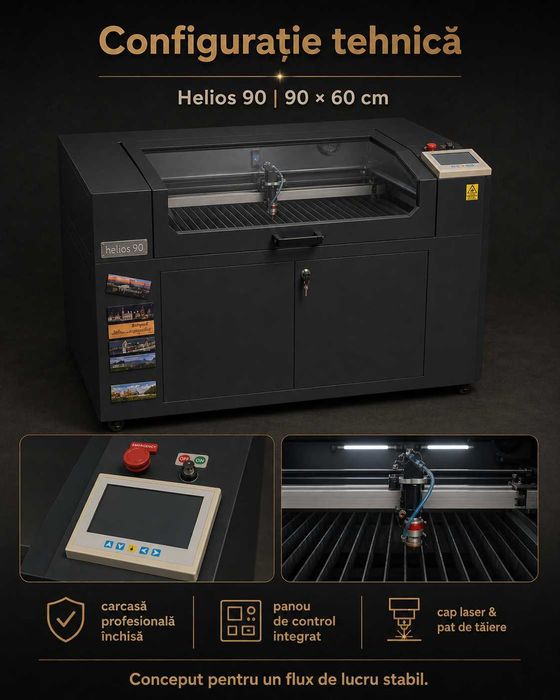 Productie publicitara - Laser profesional CO2 Helios 90 cu RATE lunare - 103W, masă 600×900 mm, chiller + compresor, impecabil