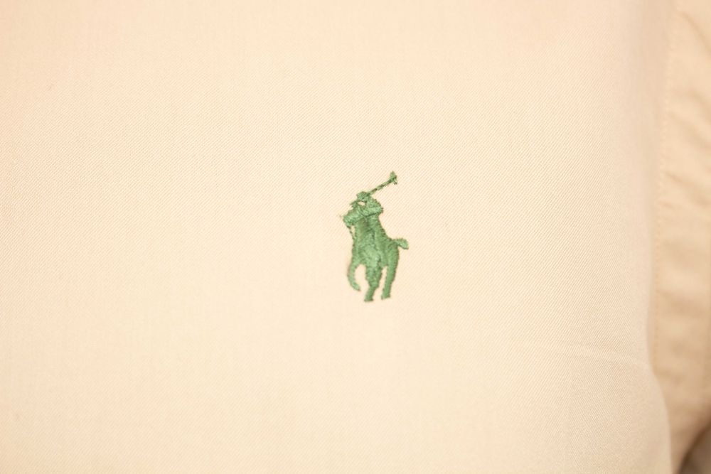 Ralph Lauren оригинална мъжка риза бежова зелено лого Slim Fit Feather Weight Twill S