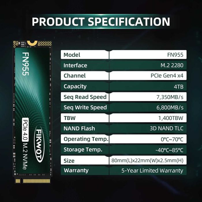 M.2 NVMe ULTRA RAPID Gen4x4 Fikwot FN955 4TB 7350mb/s(Samsung 990 PRO)