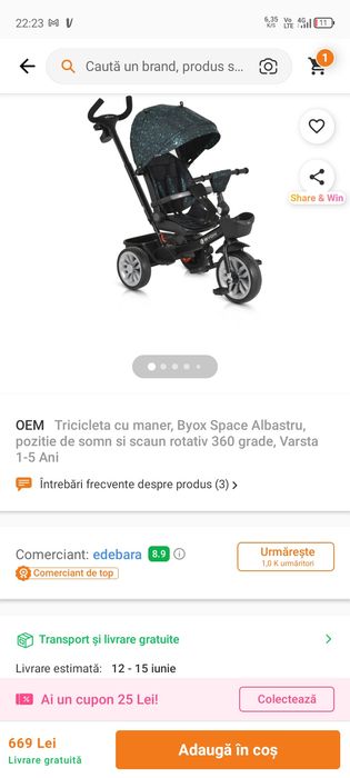 Tricicleta Byox Space cu poziție de somn și scaun rotativ 360.