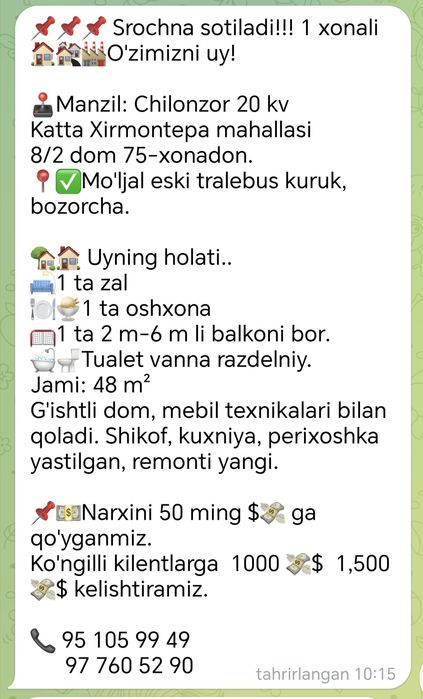 1 xonali uy  srochna sotiladi