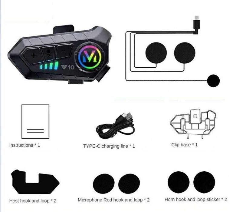 Handsfree Bluetooth Y10 pentru casca moto, Bluetooth 5.3, rezistent la apa, microfon soft, montare cu cleme si pad-uri, negru