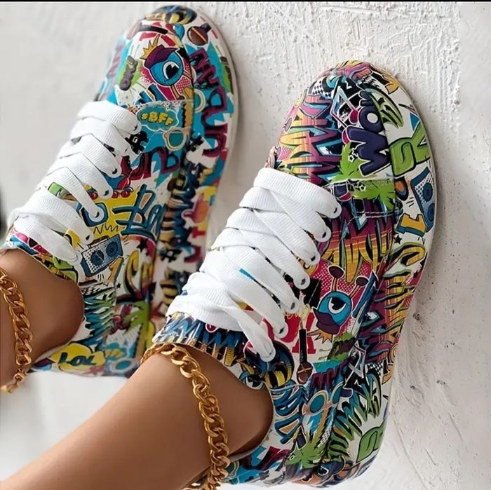 Pantofi sport de damă cu imprimeu Graffiti, pantofi sport cu șireturi