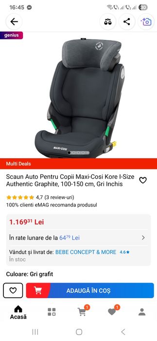 Scaun auto isofix Maxi Cosi Kore i-Size 15-36 kg.