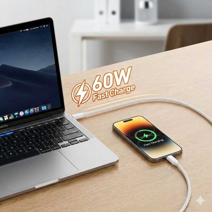 Cablu USB-C la USB-C 60W, Wyred by Monga, 1m, Împletit, Alb, Nou