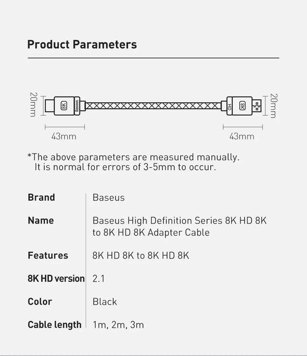 BASEUS Кабель 8K/60Hz 4K/120HZ 48Gbps HDMI to HDMI Cable for PS5 PS4