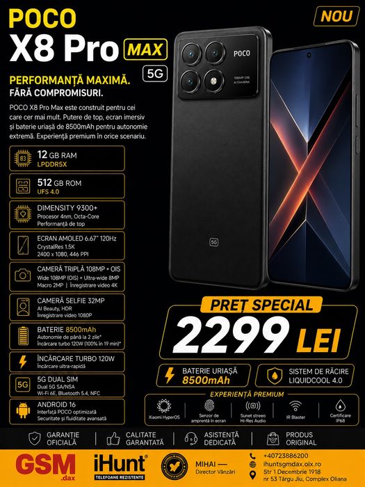 Poco X8 Pro Max 5G, 12/512 GB, Sigilat, Garanție