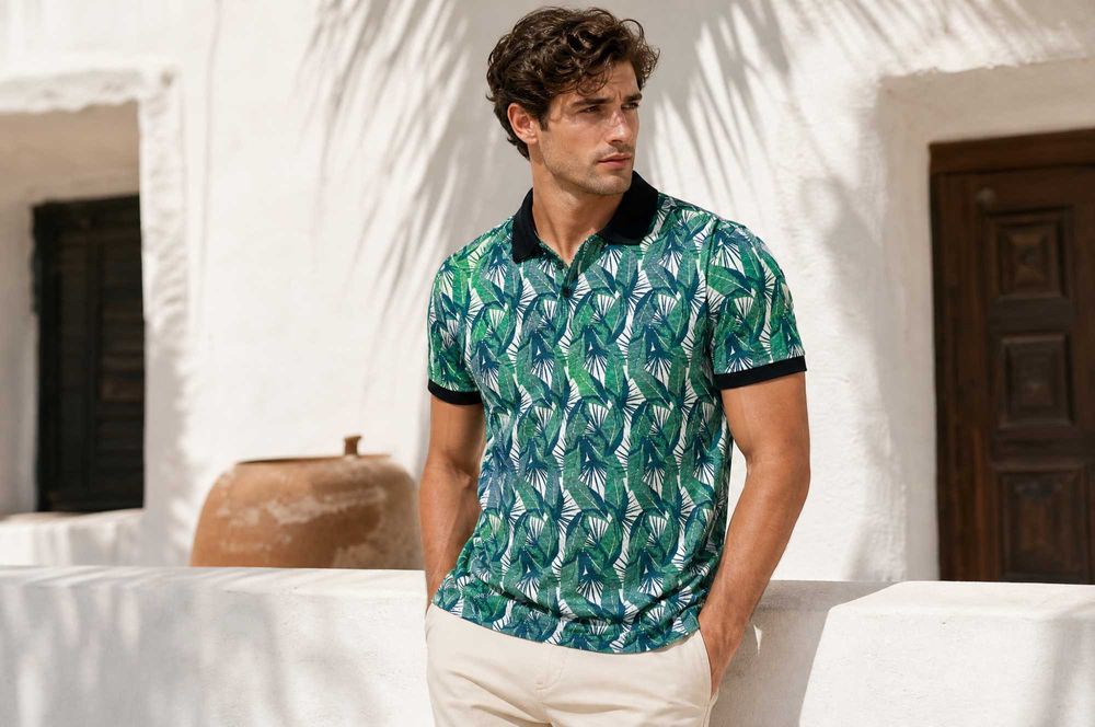 Мъжка поло тениска Hugo Boss Green — тропически листен принт (palm / banana leaves), regular fit — S