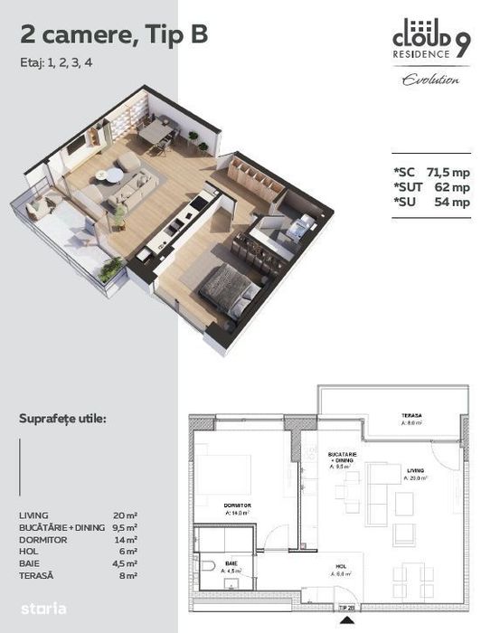 Cloud 9 Evolution – Apartament 2 camere Tip B | Orientare Sudică — fotografia 1
