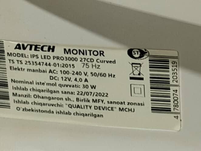 AVTECH monitor.Model IPS LED PRO 3000 27CD Curved