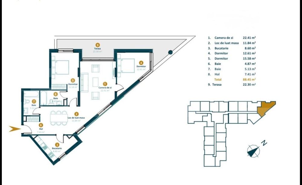 Apartament 3 camere, 88,2 mp, bloc nou cu CF, terasa 30,3 mp, Intre La — fotografia 2