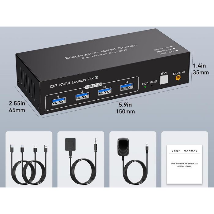 Професионален 8K KVM Switch 4x2 – Превключвател за 4 компютъра с 2 монитора (HDMI + DP), 8K 60Hz & USB 3.0