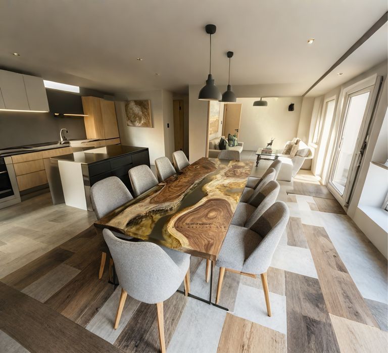 Трапезна маса от естествено дърво масив и епоксидна смола