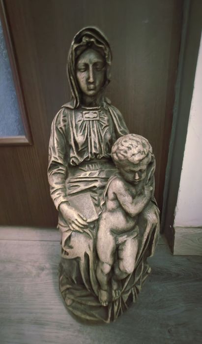 Statuetă deosebită Michelangelo Buonarrati Madonna Fecioara Maria cu Pruncul Iisus Sedes Sapientiae din ceramică fină, din anii 1950.