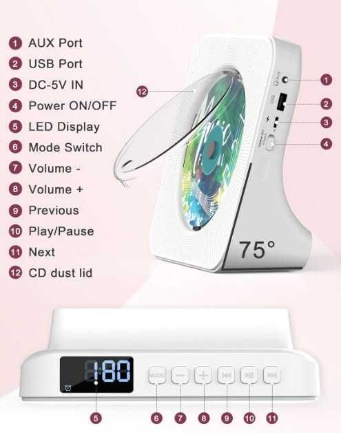 CD плейър Greadio KC-806, Bluetooth 5.0, мултифункционален CD плейър с високоговорители