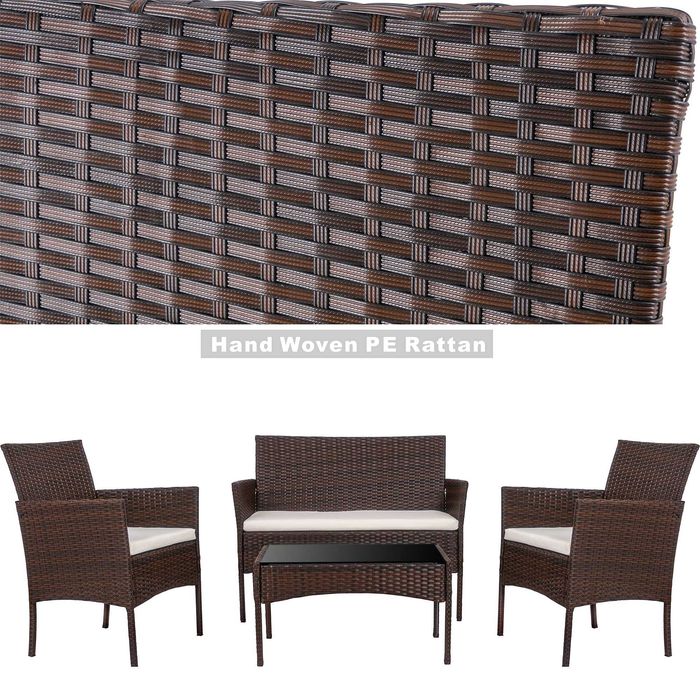 НЕМСКИ Градински Комплект Ратанов Кът За Релакс От 4 Части + ЛЕД ФЕНЕР