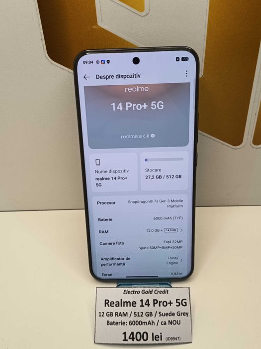 Realme 14 Pro+ 5G Suede Grey/12GB RAM/512GB/Baterie:6000mAh/ca NOU