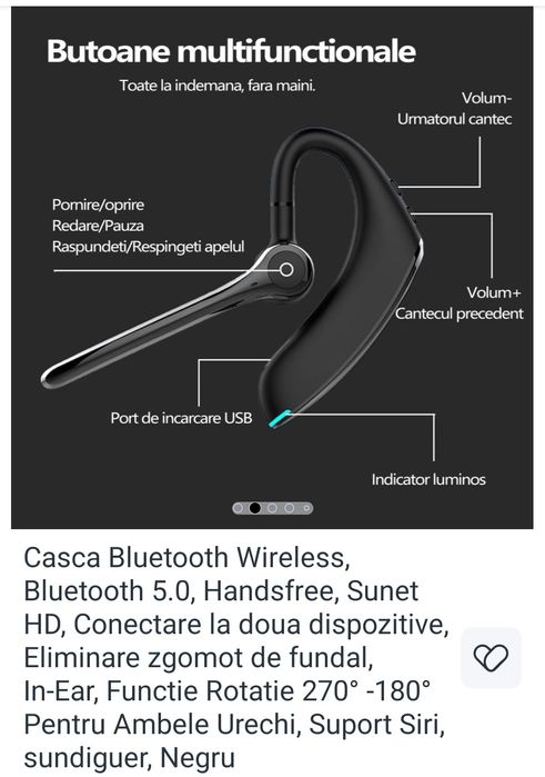 Casca wireless bluetooth F910 cu 2 microfoane eliminare zgomot de fond utilizare pe 2 dispozitive simultan 16 ore de autonomie
