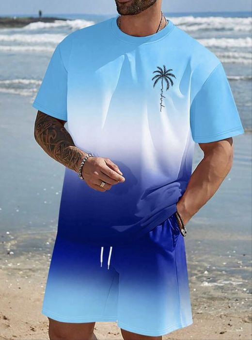 Set vară bărbați tricou şi pantaloni scurți degrade albastru