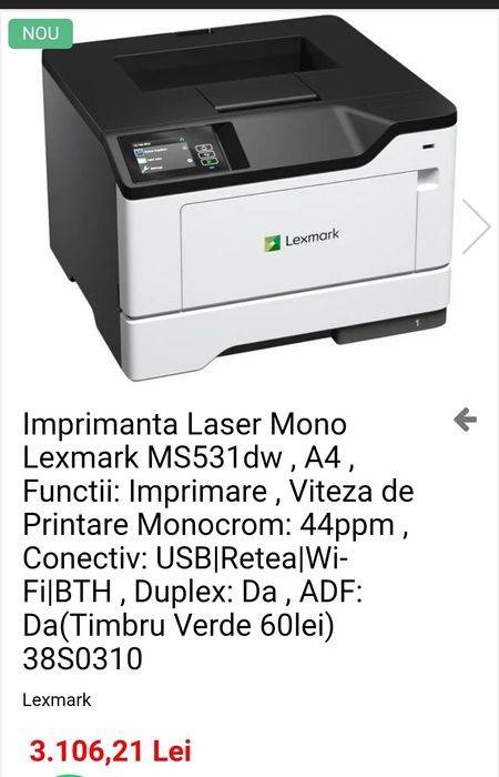 Imprimanta Lexmark ms531 last toner alb negru  pret mic pe pagina printata