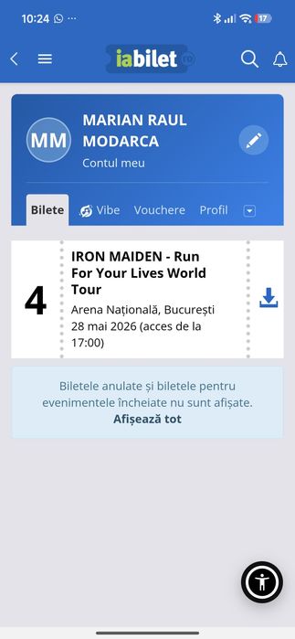 4 bilete la concertul Iron Maiden din București,28 mai