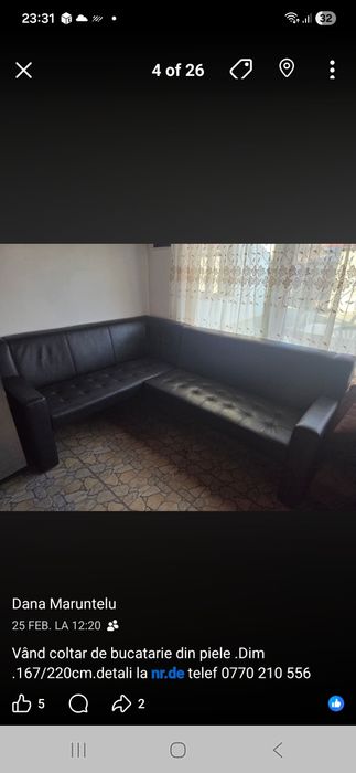 Vând coltar de piele ecologica pt bucatarie. Dim 167/220cm.