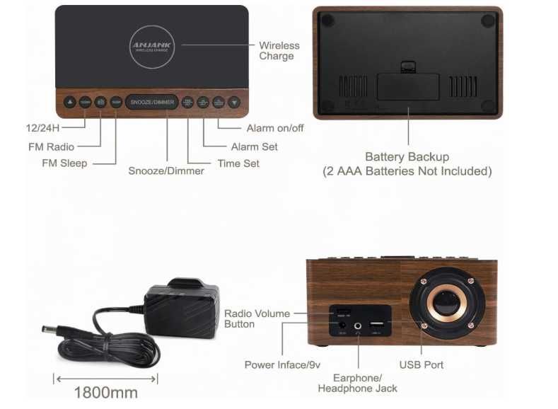 Ceas digital de lemn, cu wireless charger telefon si radio