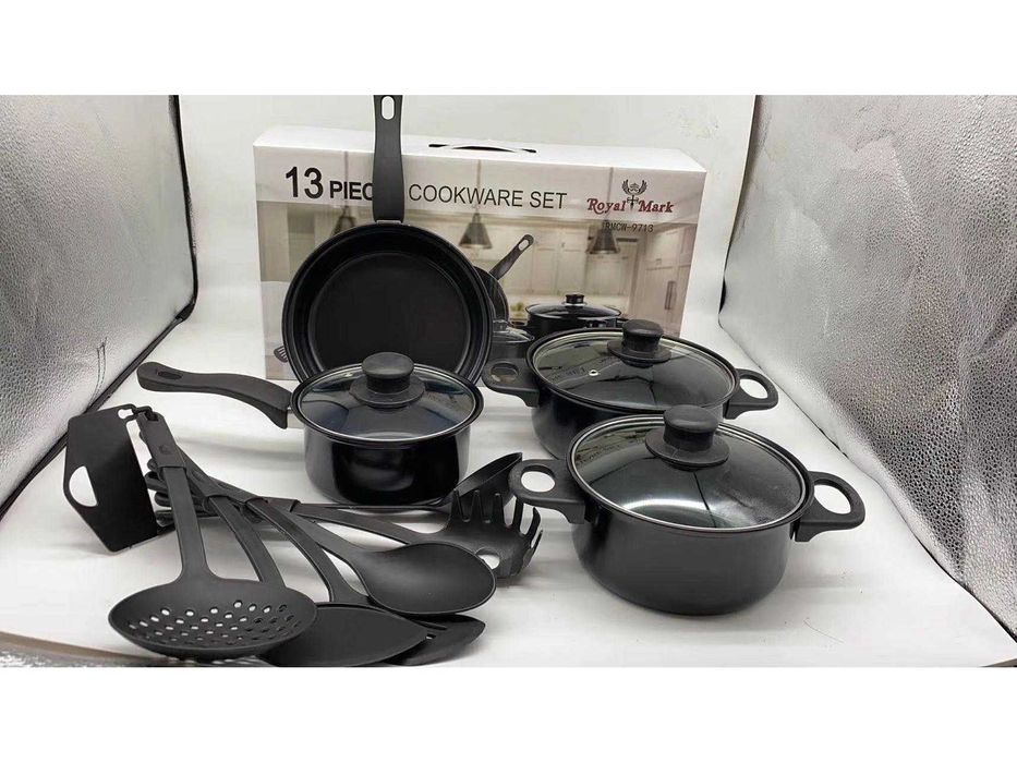 Комплект съдове за готвене от 13 части, Незалепващо покритие, Черни