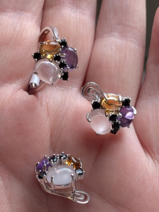 Сребърен комплект от естетствен розов кварц,аметист и цитрин