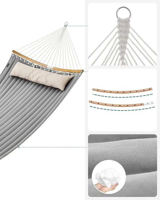 Hamac dublu căptușit SONGMICS GDC34CG cu bare curbate detașabile din bambus și pernă, material Oxford, 200 x 140 cm, încărcătură 225 kg, gri și bej