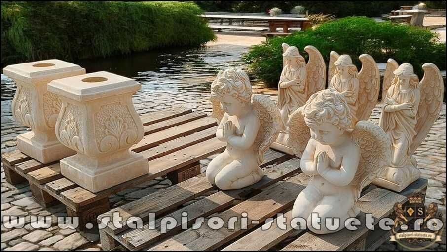 Set doi îngerași cu soclu, galben antichizat, model S27-S59.