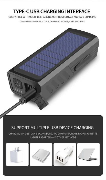 Соларен фар за велосипед с 3*T6 диода, сирена 120dB, 3000Lm