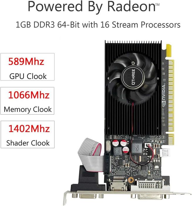 Placa video GPU QTHREE GT 210,1024 MB DDR3 64 biți HDMI DVI VGA,desktop frecvență bază 589 MHz PC PCI Express x16 profil redus