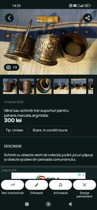 Vând sau schimb obiecte vechi.Preț în funcție de obiectul ales.