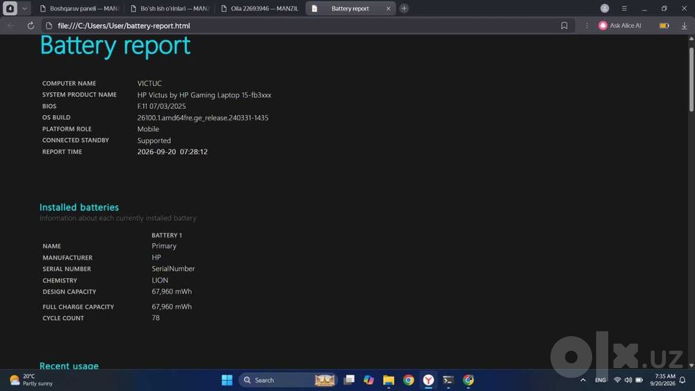HP Victus Gaming 15 — RTX 4050 / Ryzen 7 / 16GB RAM / Ideal holatda!