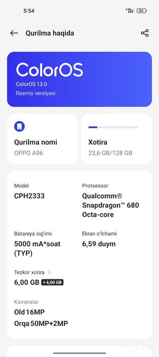 OPPO A96 yangi pashti