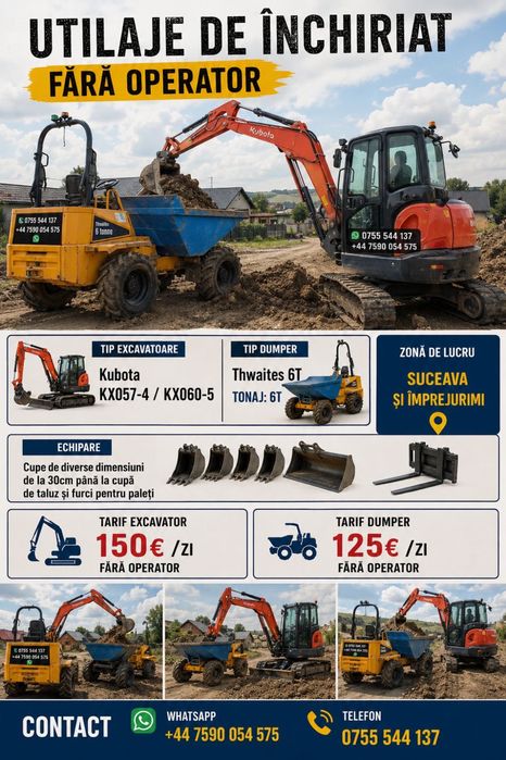 Excavator / dumper de 6 tone de închiriat