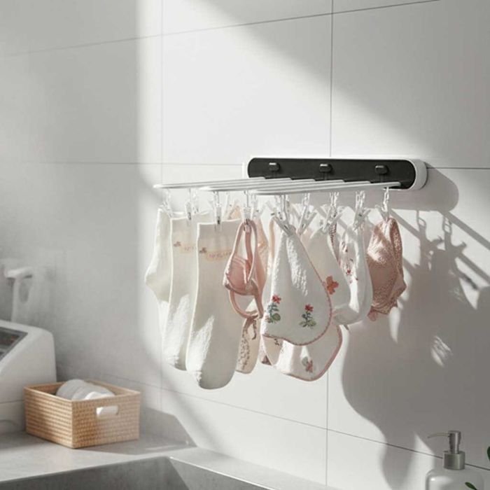 Самозалепваща се сгъваема стойка за сушене на дрехи с 24 щипки