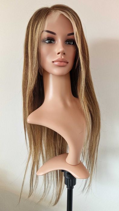 Естествена перука  70–75 см – Lace Front 13x6, кафява с руси кичури